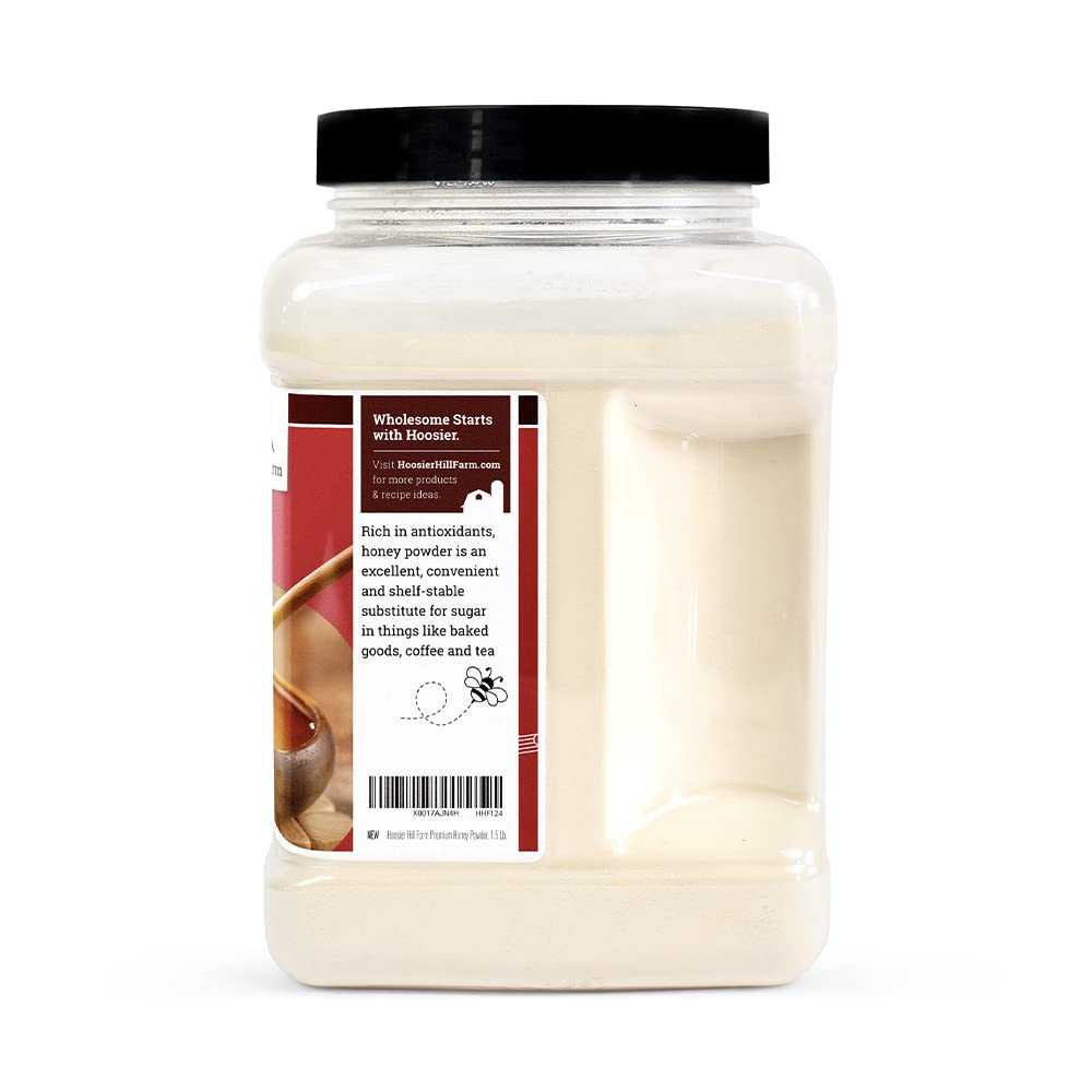 Hoosier Hill Farm Premium Honey Powder label shows USA origin and clean ingredients