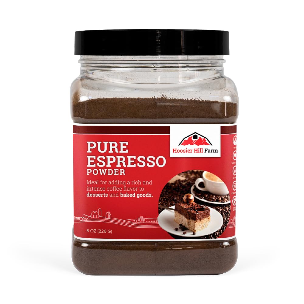 Hoosier Hill Farm Pure Espresso Powder bottle adds rich flavor to desserts.