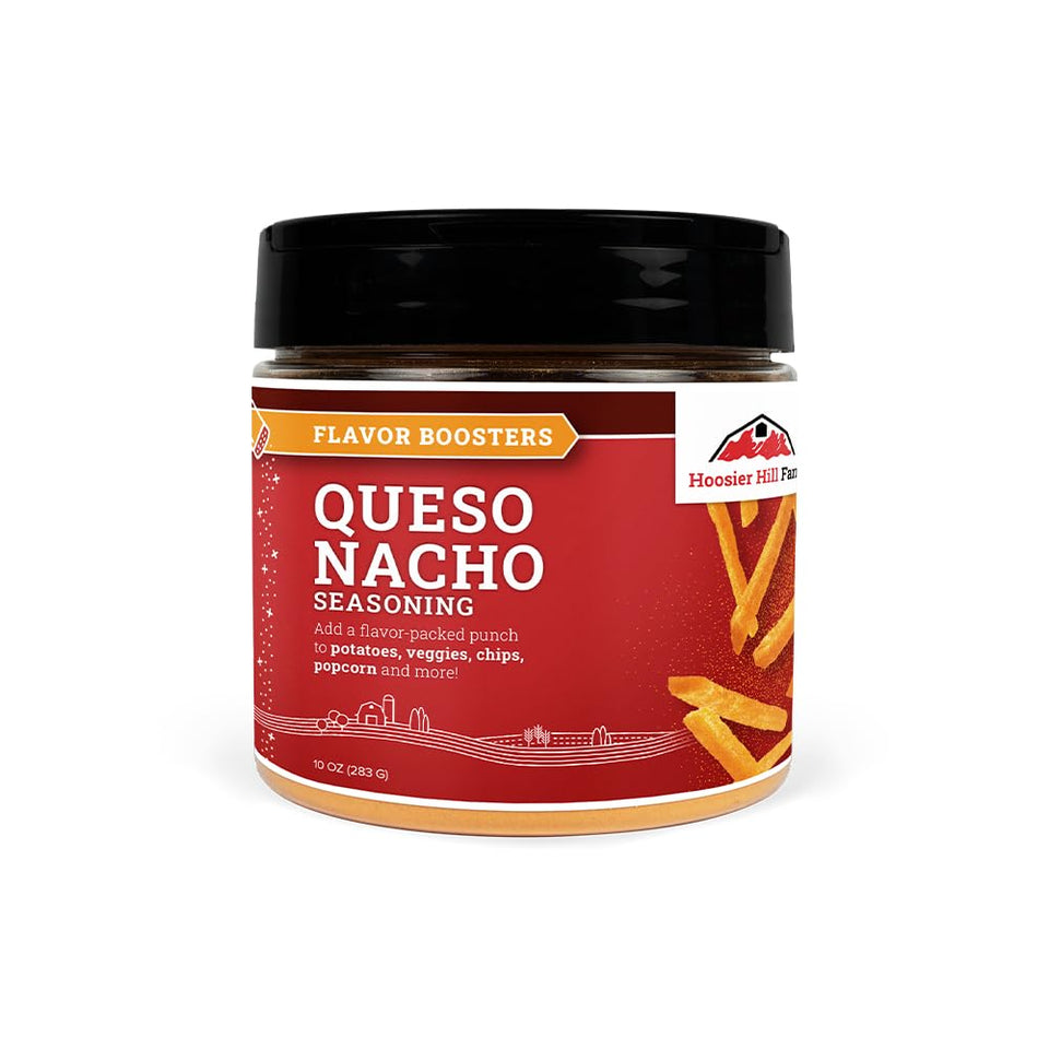 Hoosier Hill Farm Queso Nacho Seasoning bottle adds cheesy flavor to snacks