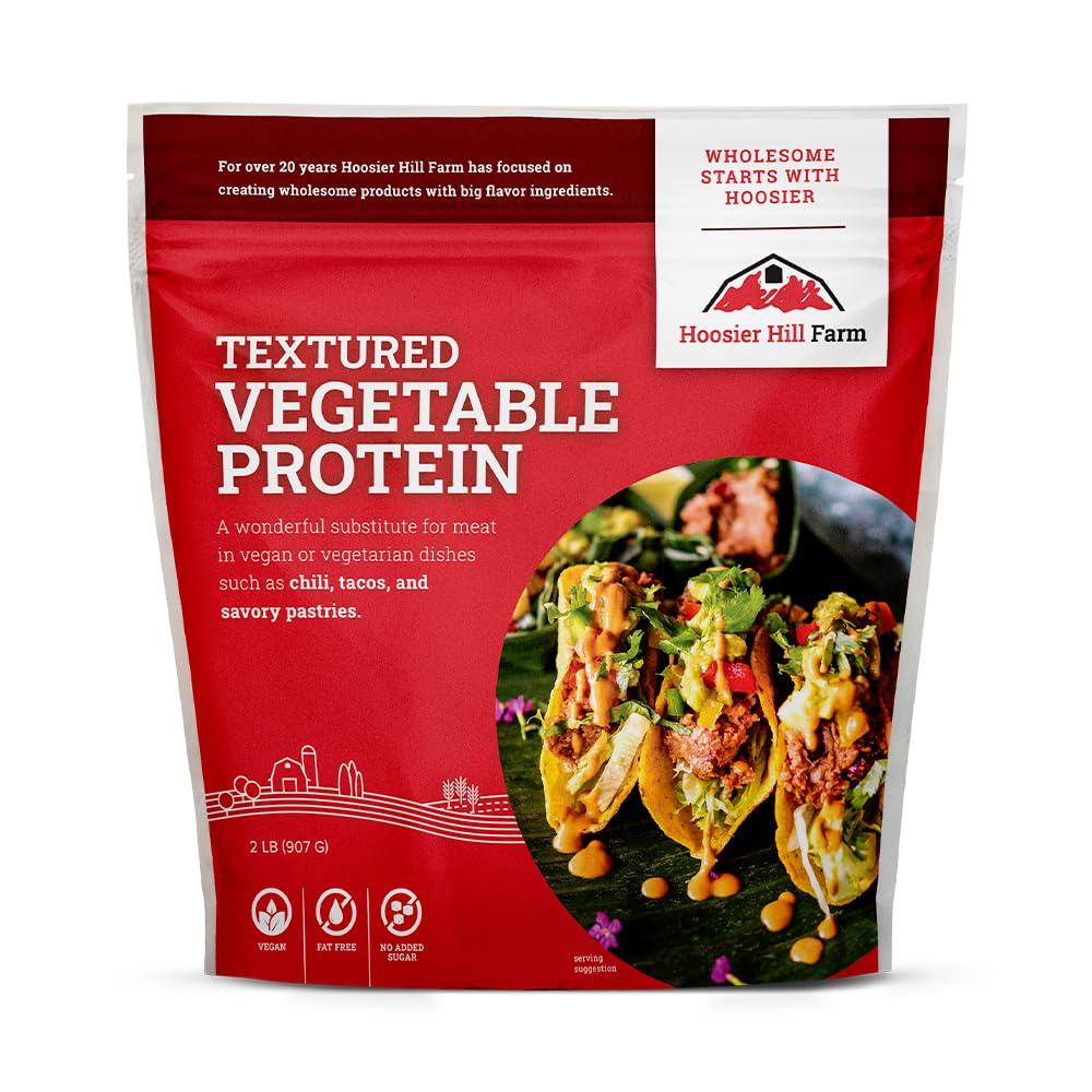 Hoosier Hill Farm textured vegetable protein 2 lb pack on a shelf—shelf-stable protein.