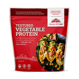 Hoosier Hill Farm textured vegetable protein 2 lb pack on a shelf—shelf-stable protein.