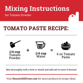 Back of Hoosier Hill Farm tomato powder jar with weight and storage tips