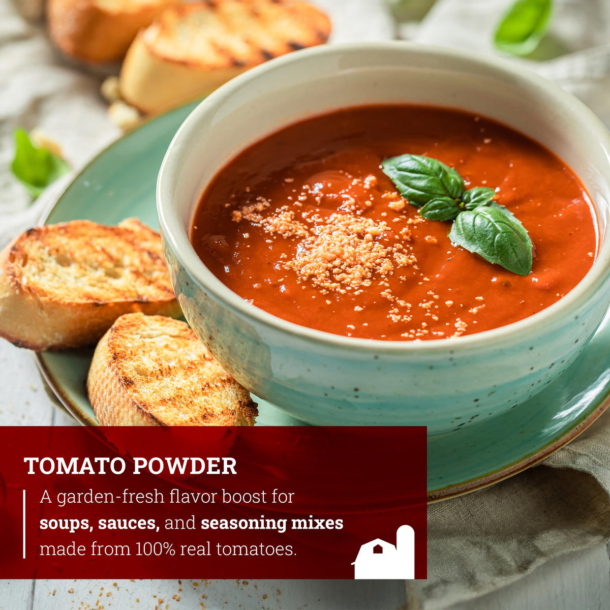 Dispensing spoon with Hoosier Hill Farm tomato powder in a pantry setup