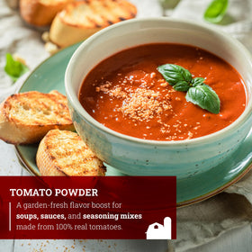 Dispensing spoon with Hoosier Hill Farm tomato powder in a pantry setup