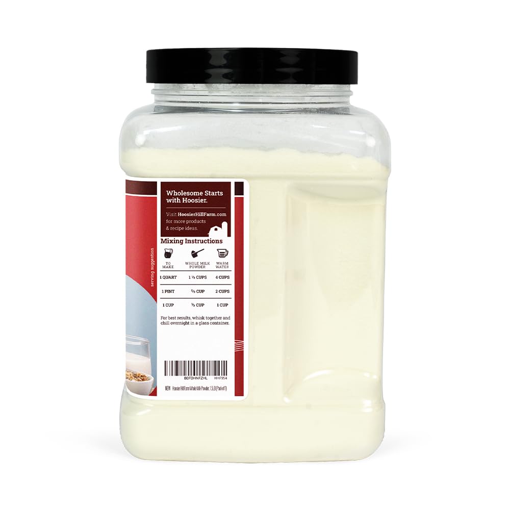 Product label shows USA origin for Hoosier Hill Farm milk powder.