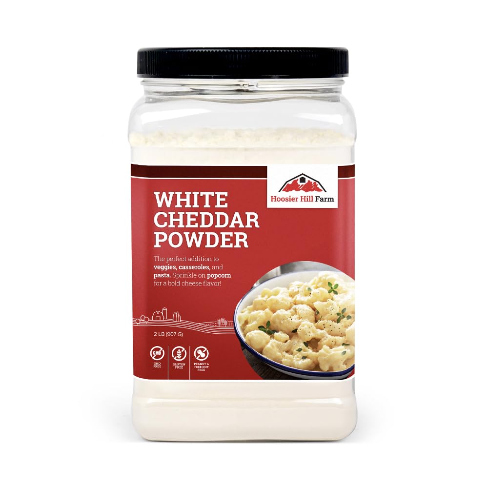 Hoosier Hill Farm White Cheddar Cheese Powder bottle front view, ideal for bold popcorn flavoring.