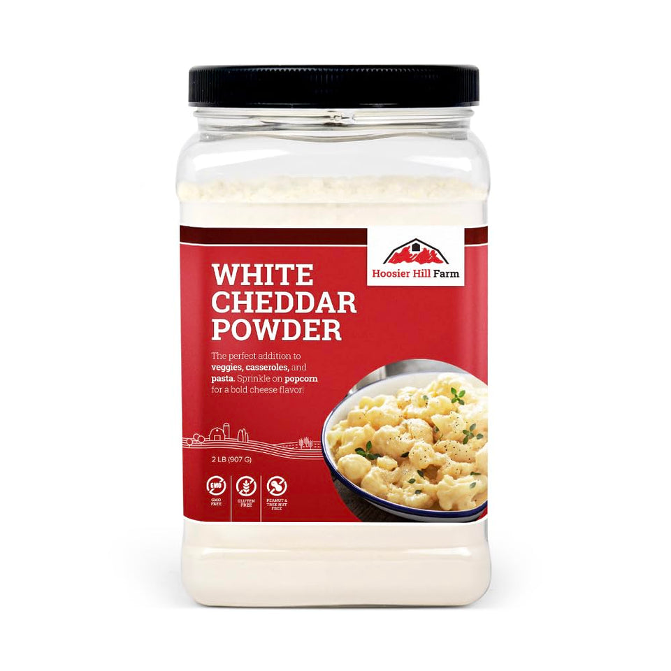 Hoosier Hill Farm White Cheddar Cheese Powder bottle front view, ideal for bold popcorn flavoring.