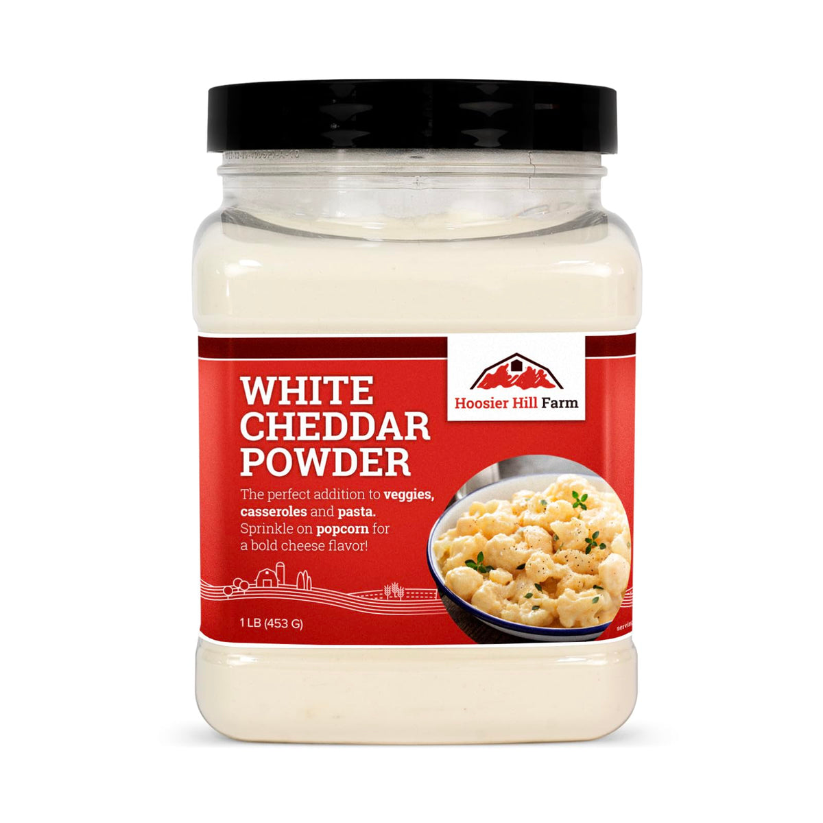Hoosier Hill Farm White Cheddar Cheese Powder jar for shelf-stable snacking flavor.
