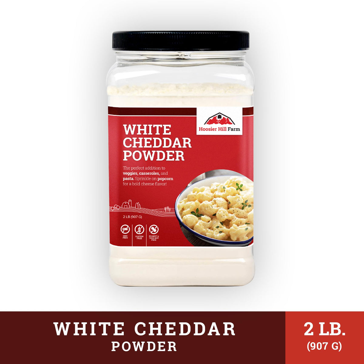 Hoosier Hill Farm Cheese Powder sprinkled over popcorn for savory upgrade.