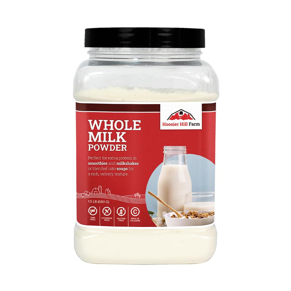 Hoosier Hill Farm Whole Milk Powder packaging on shelf, convenient pantry staple.