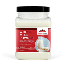 Hoosier Hill Farm Whole Milk Powder bottle-pour demonstrates easy, creamy reconstitution for everyday milk use.
