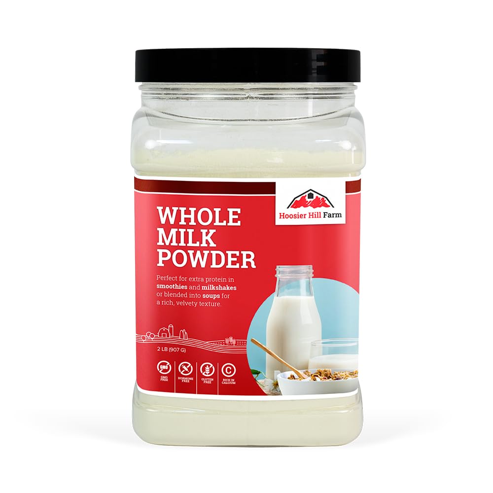 Hoosier Hill Farm Whole Milk Powder bottle demonstrates shelf-stable dairy for cooking.