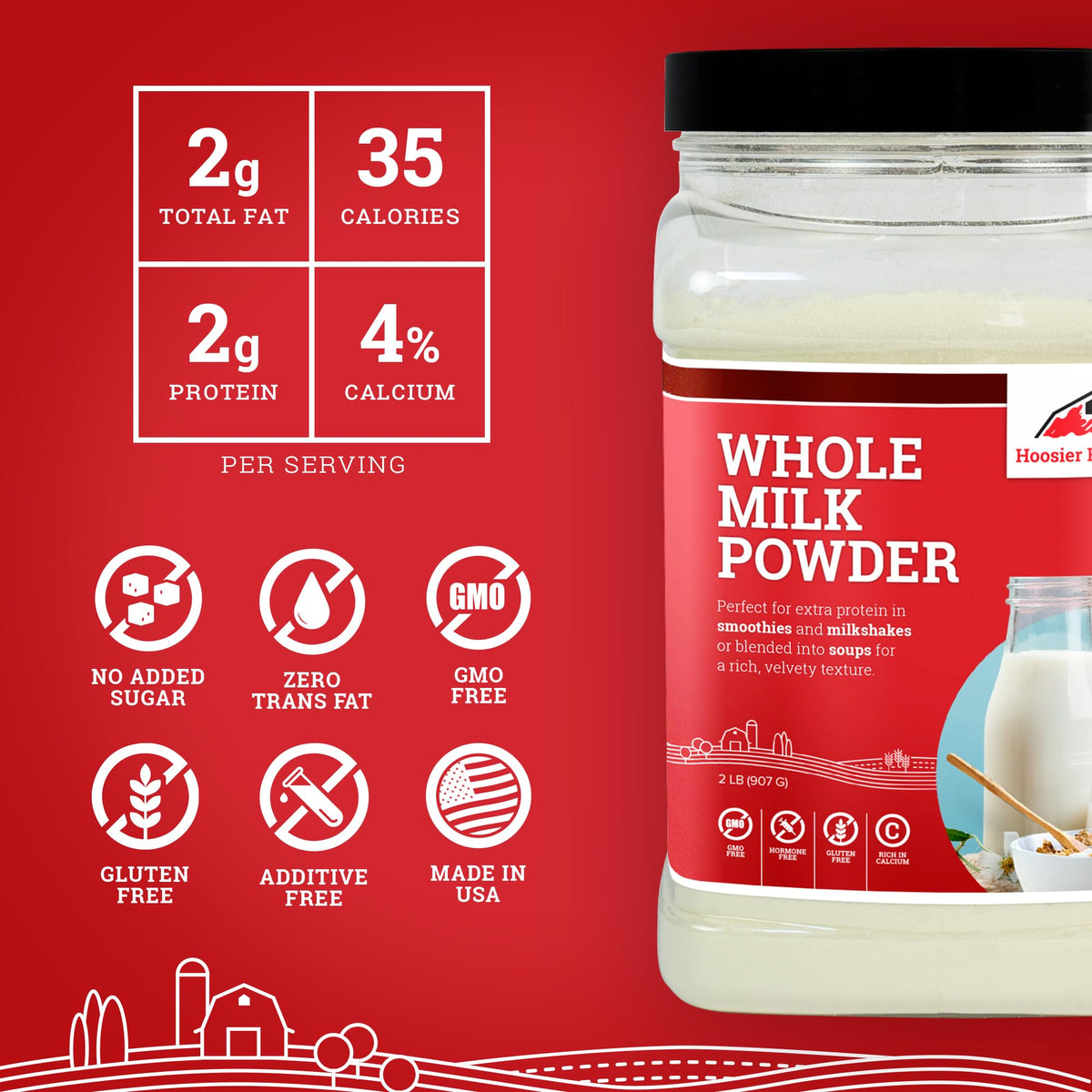 Hoosier Hill Farm Whole Milk Powder measuring cup shows reconstitution steps with warm water.