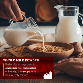 Hoosier Hill Farm Whole Milk Powder mixing glass evokes creamy beverage texture.