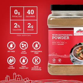 Hoosier Hill Farm Worcestershire Powder dry rub setup with versatile meat seasoning ideas.
