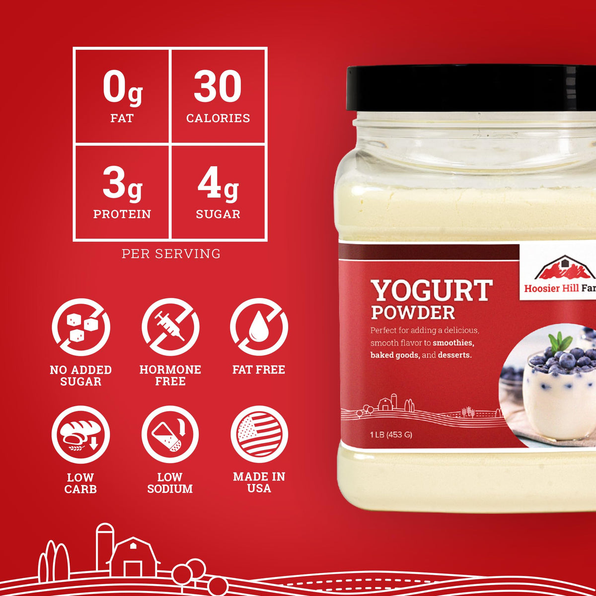 Hoosier Hill Farm Yogurt Powder on blender, perfect for vibrant smoothies