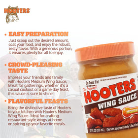 THE ORIGINAL HOOTERS Hooters Original Medium Wing Sauce serving setup with wings and sides.