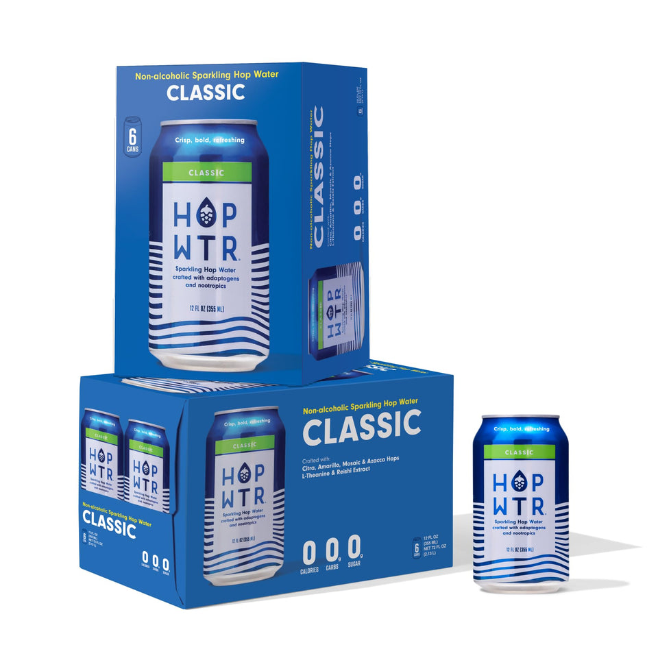 HOP WTR Classic 12-pack front can showing sugar-free, zero-calorie refreshment.