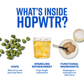 HOP WTR label close-up revealing adaptogens and nootropics.