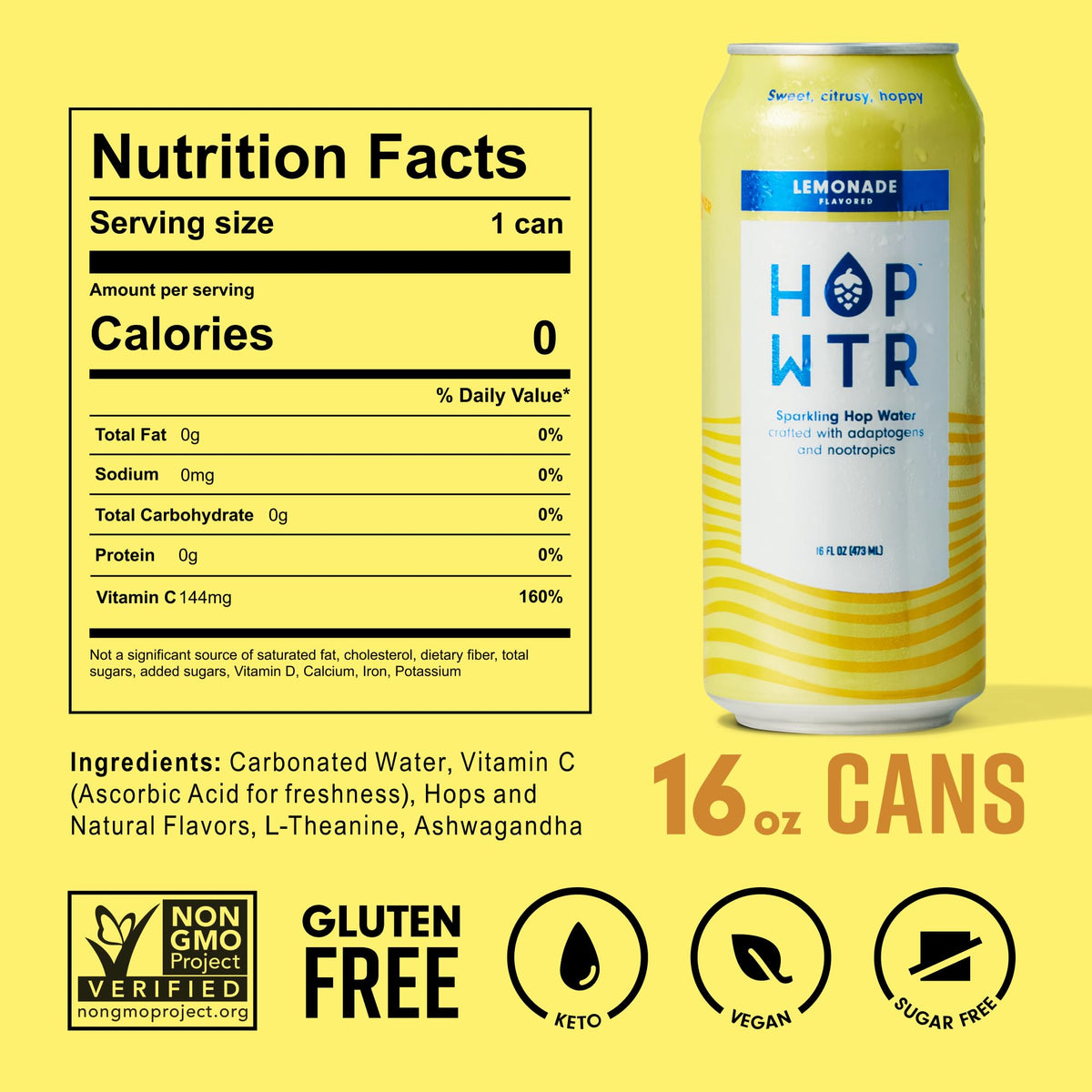HOP WTR Lemonade sparkling can label close-up highlighting clean ingredients.