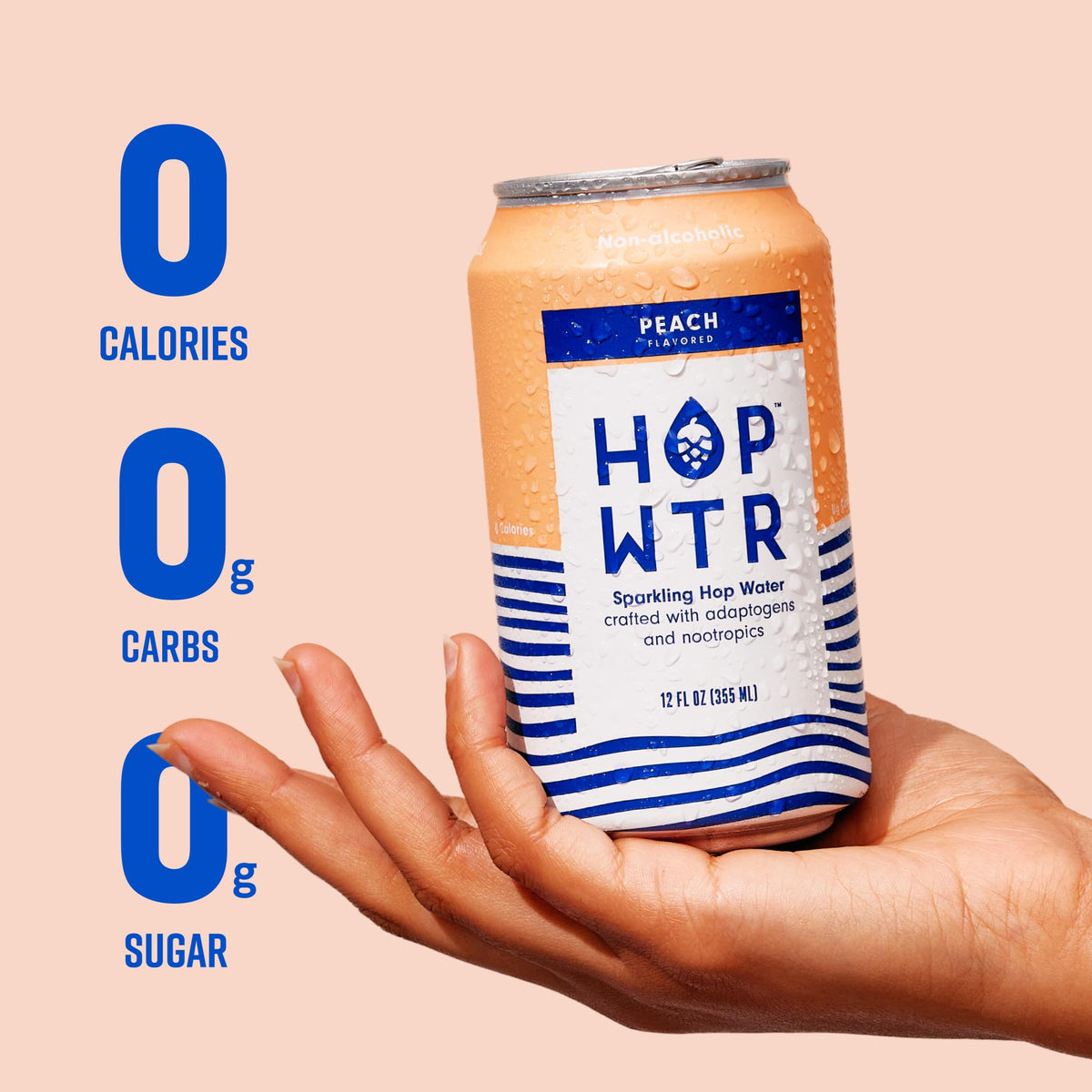 HOP WTR Peach bottle with ice and glass highlighting a refreshing, non-alcoholic option.
