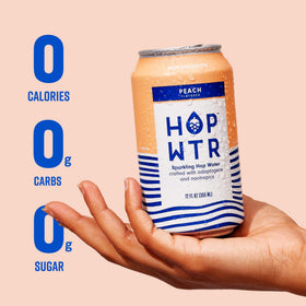HOP WTR Peach bottle with ice and glass highlighting a refreshing, non-alcoholic option.