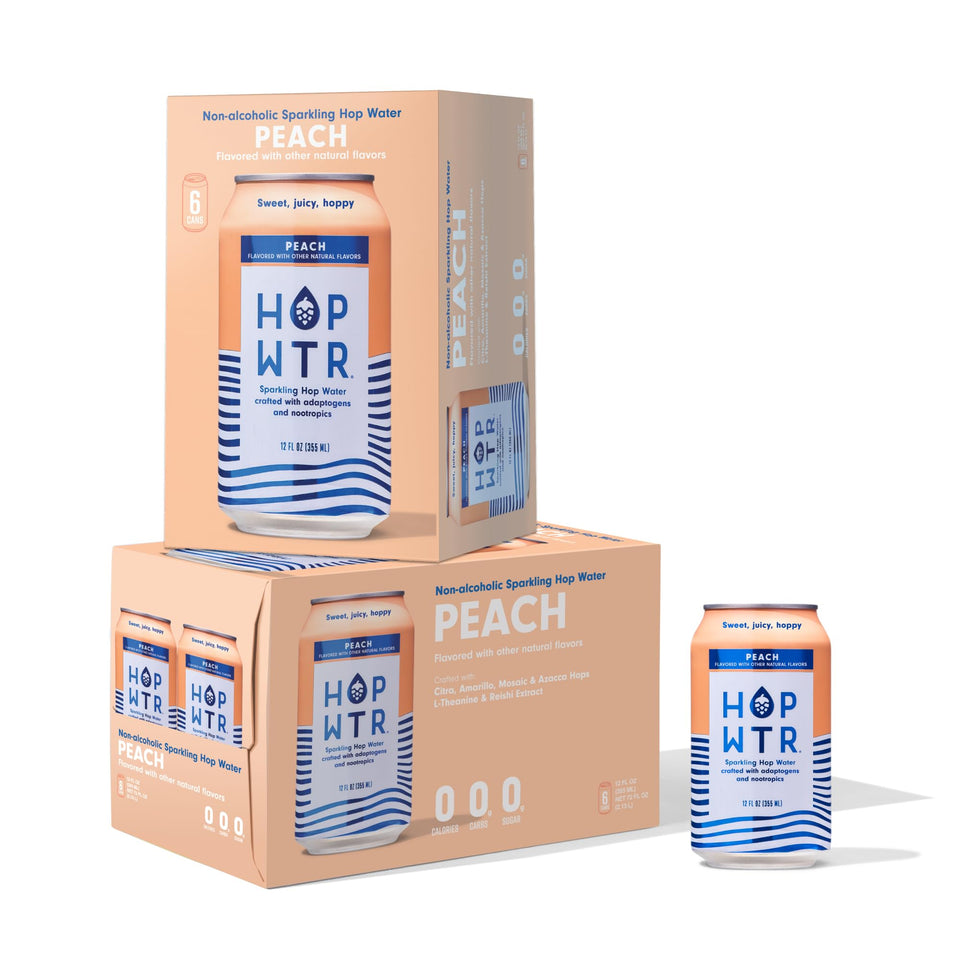 HOP WTR Peach can close-up highlighting sugar-free, refreshing hops.