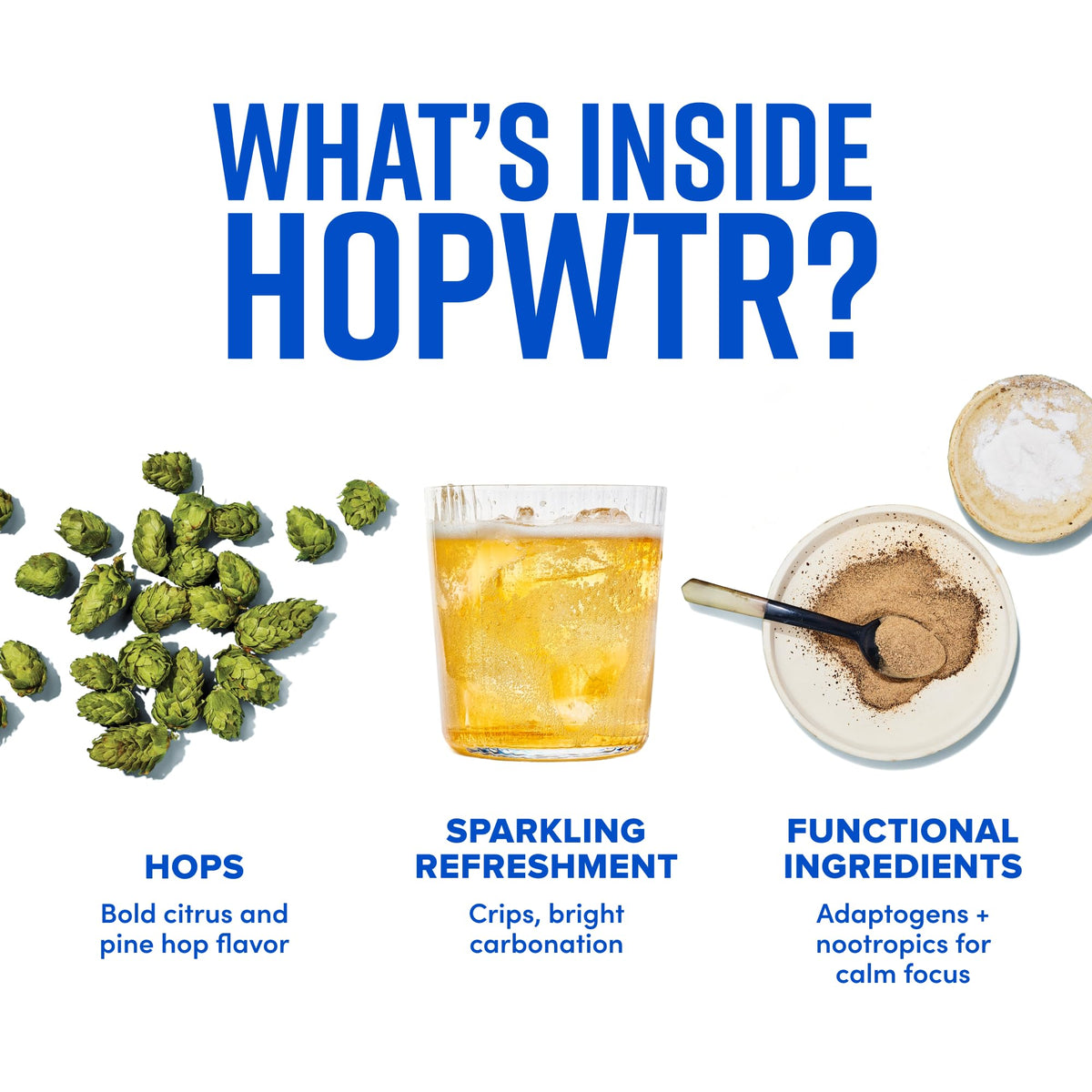 HOP WTR Peach label detail emphasizes brand and clear sugar-free promise.
