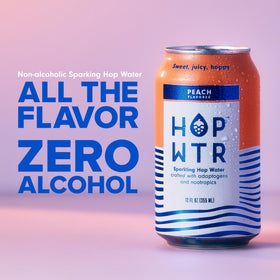 HOP WTR Peach label detail shows flavor and no added sugar claim.