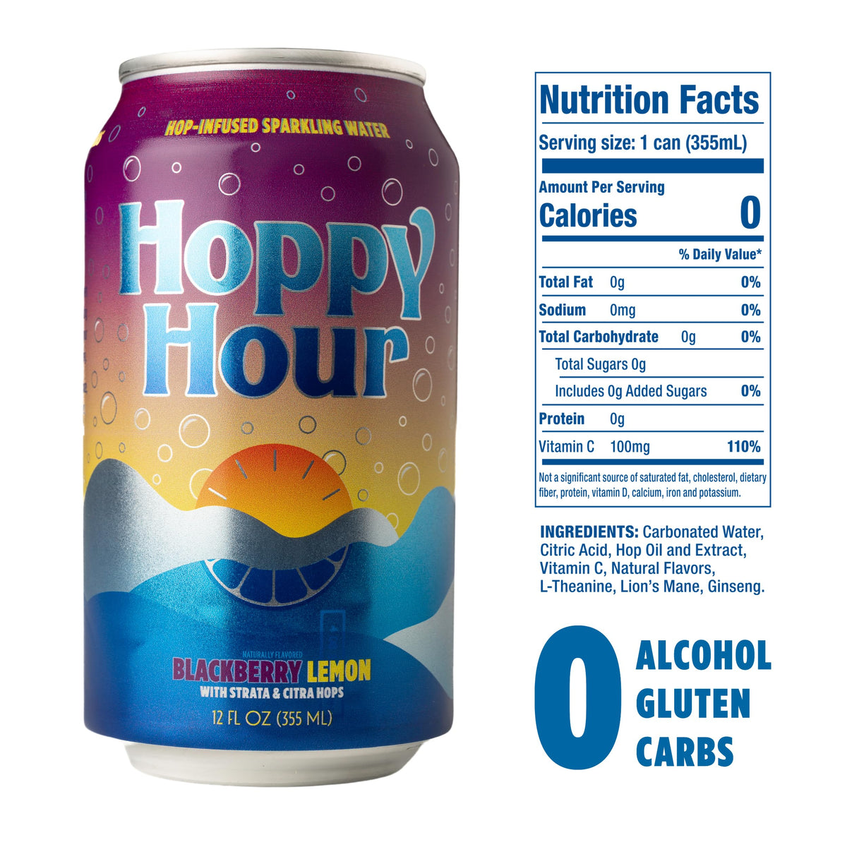 Glass of blackberry lemon Hoppy Hour emphasizes refreshing flavor with adaptogens for focus-friendly sipping
