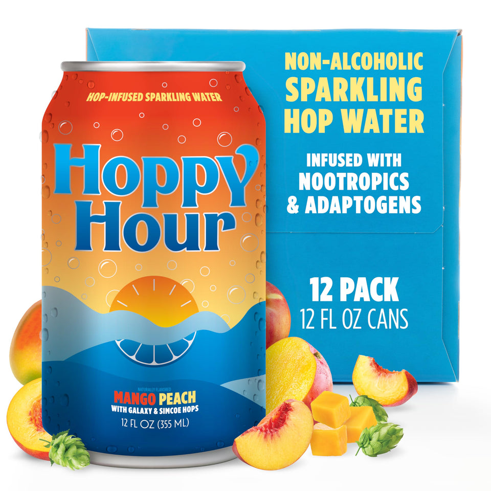 Hoppy Hour Mango Peach Sparkling Hop Water can for refreshing hydration with zero sugar.