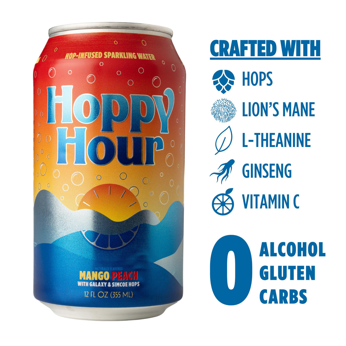 Hoppy Hour glass of mango peach sparkler showing refreshing, gluten-free ingredients.