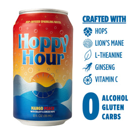 Hoppy Hour glass of mango peach sparkler showing refreshing, gluten-free ingredients.