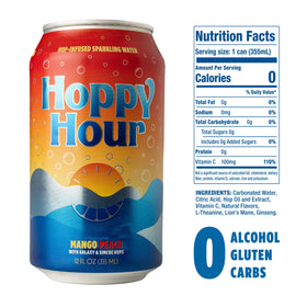 Hoppy Hour label close-up highlights clean ingredients and zero calories.
