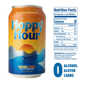 Hoppy Hour adaptogens bottle, citrus sip supports focus and calm without caffeine.
