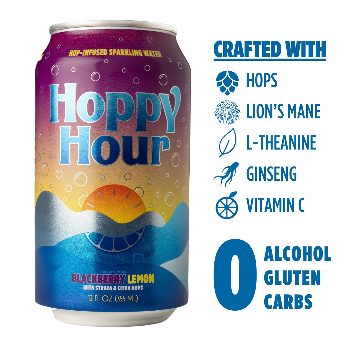 Hoppy Hour can-pour scene highlights a crisp, citrusy non-alcoholic drink without alcohol or sugar