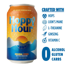 Hoppy Hour sparkling water glass pour, refreshing citrus aroma and hop-forward zest.
