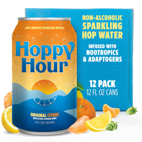 Hoppy Hour sparkling hop water original citrus can, crisp flavor for refreshing zero-sugar hydration.