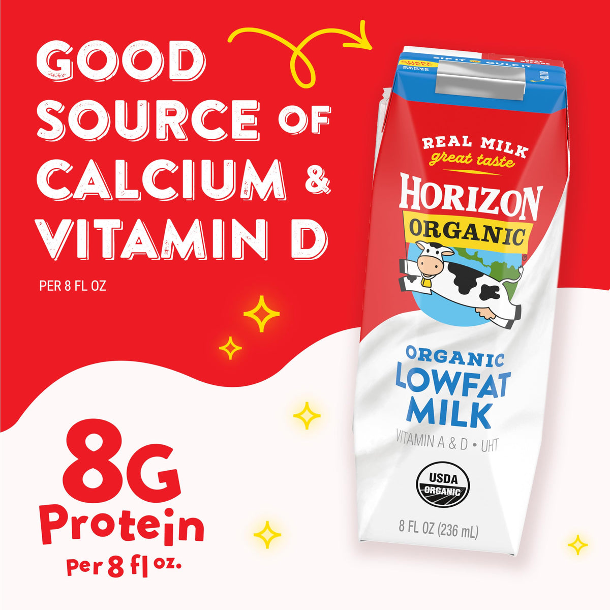Horizon Organic 1% lowfat milk box single-serve design supports travel meals.