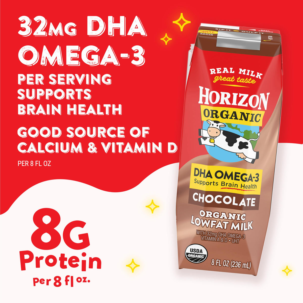 Horizon Organic 8 fl oz milk box front label highlighting calcium and vitamin D.