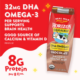 Horizon Organic 8 fl oz milk box front label highlighting calcium and vitamin D.