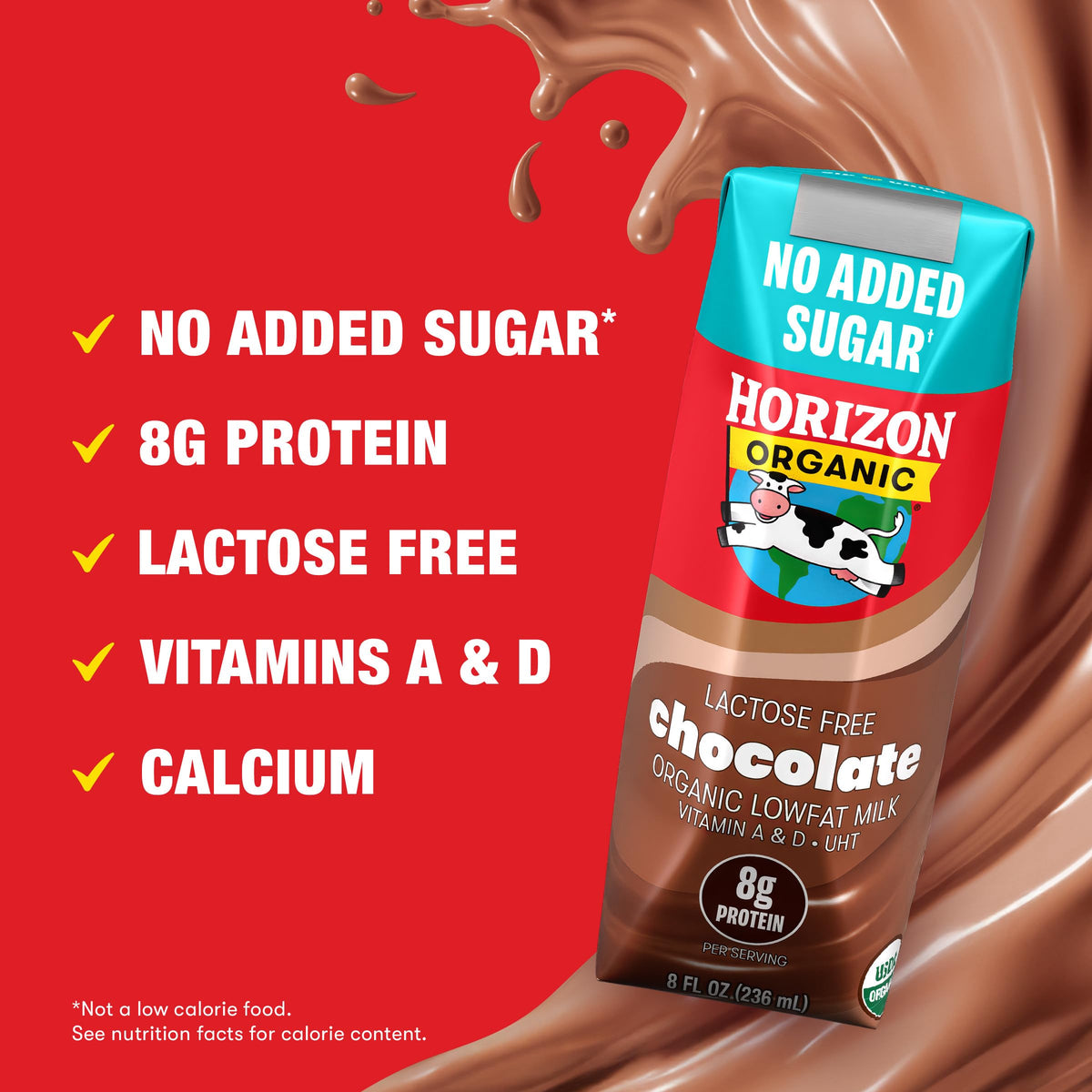 Horizon Organic 8g protein per serving label on a milk box.