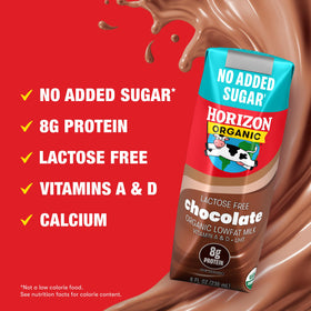 Horizon Organic 8g protein per serving label on a milk box.