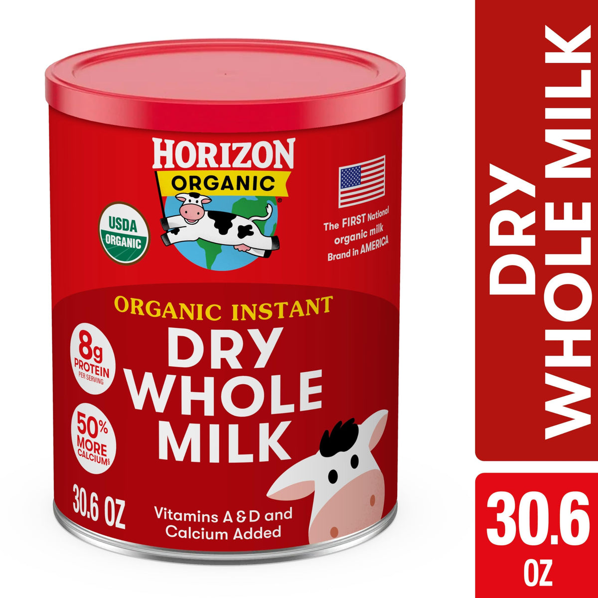 Horizon Organic milk powder label close-up showing organic and non-GMO certification.