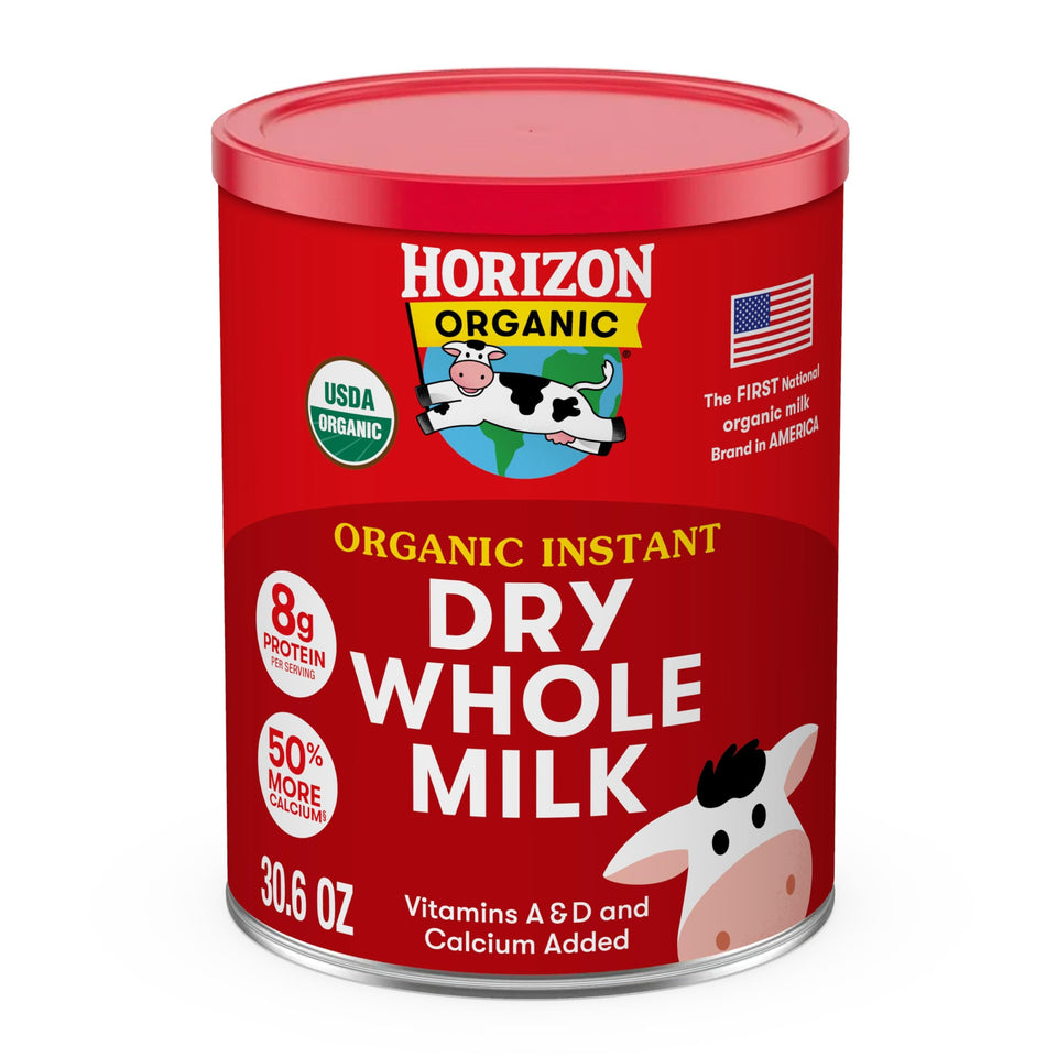 Horizon Organic Instant Dry Whole Milk Powder jar front, ideal pantry staple for quick reconstitution.