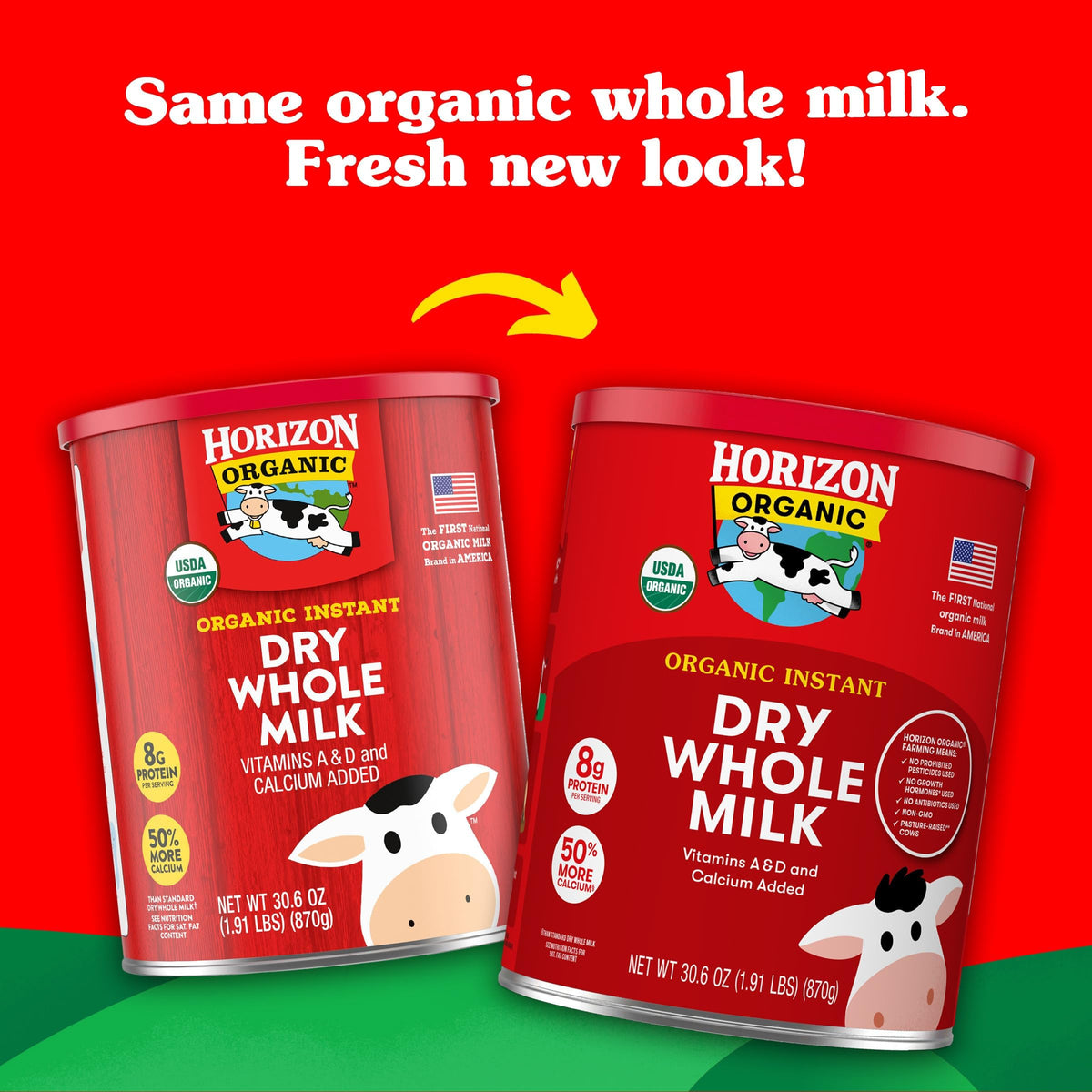 Measuring scoop with Horizon Organic powder for easy preparation in beverages and recipes.