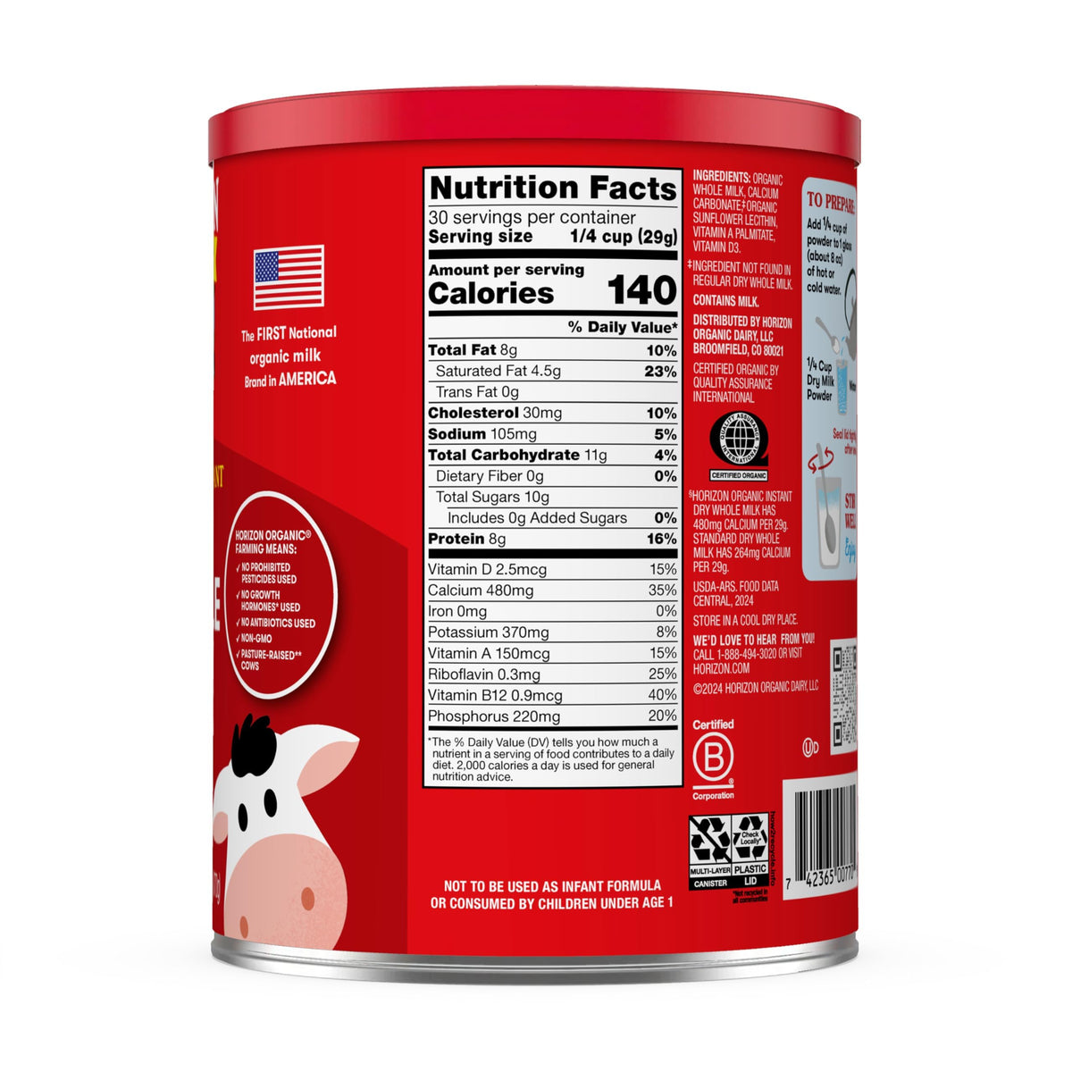 Nutrition label on Horizon Organic powder highlighting calcium and vitamins A & D.