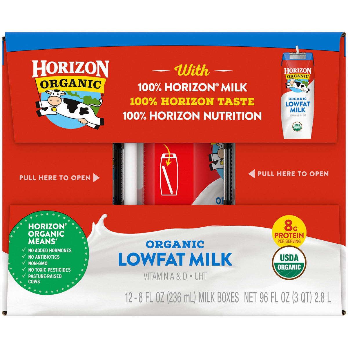 Horizon Organic calcium and vitamins A and D packaging appeals for balanced meals.