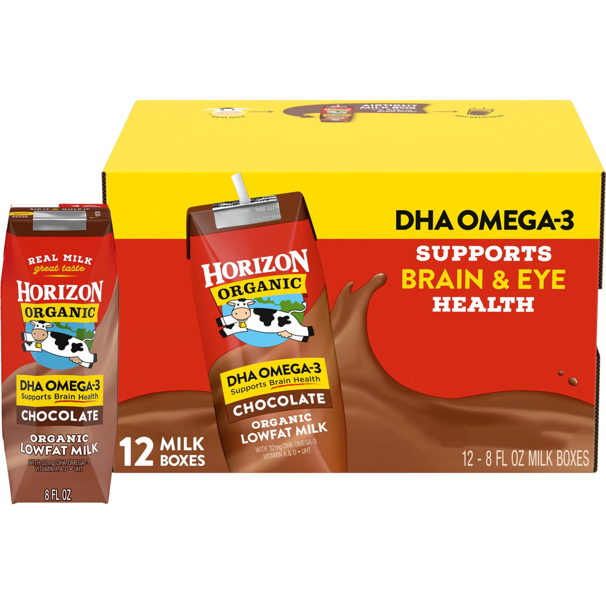 Horizon Organic shelf-stable 1% lowfat DHA chocolate milk box pack for on-the-go nutrition.