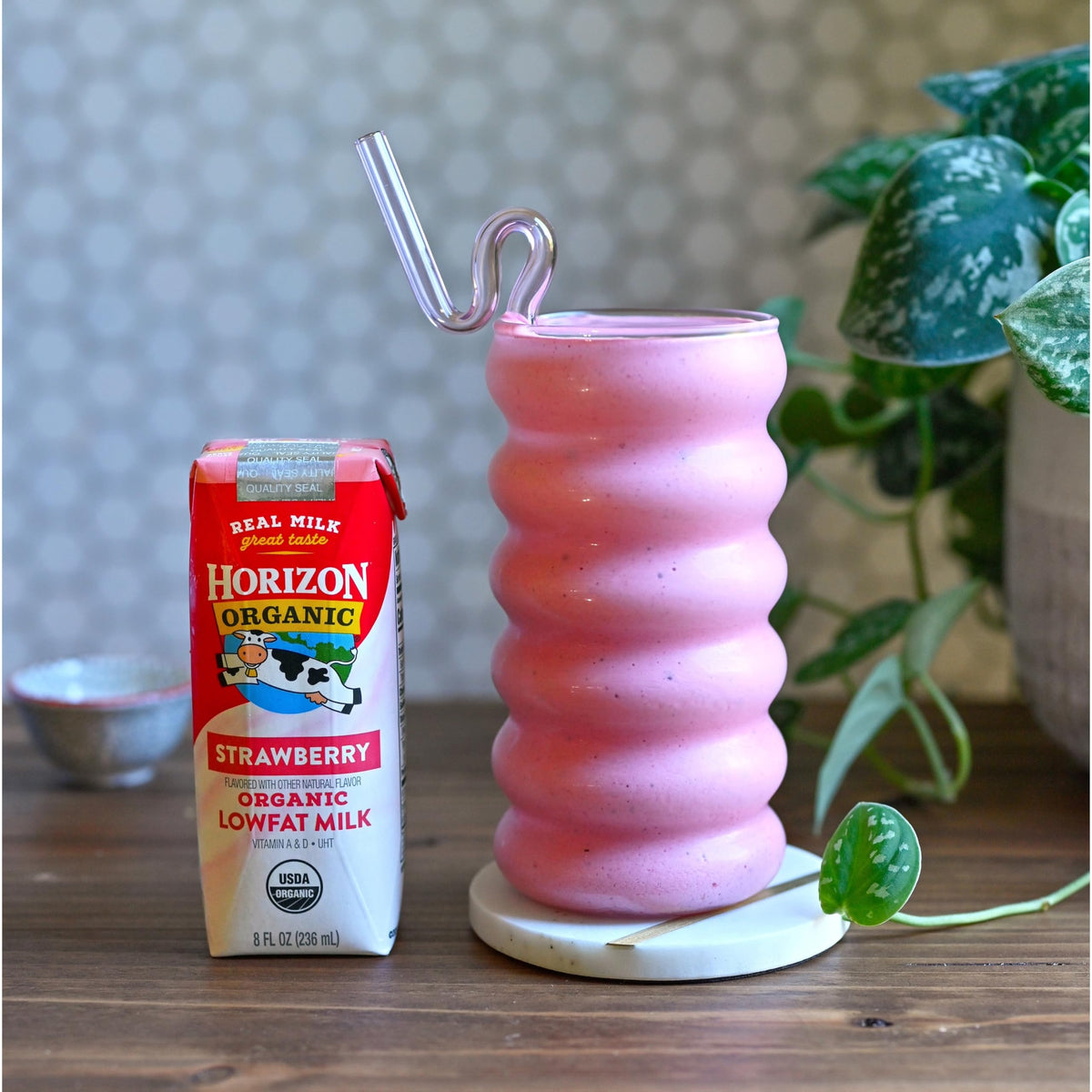 Horizon Organic strawberry milk box in a kid's lunchbox for busy mornings
